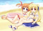  anklet beach bikini blonde_hair blue_eyes brown_hair fate_testarossa feet innertube jewelry long_hair lyrical_nanoha mahou_shoujo_lyrical_nanoha mahou_shoujo_lyrical_nanoha_a's mouth_hold multiple_girls murasaki_atsushi red_eyes sandals swimsuit takamachi_nanoha twintails 