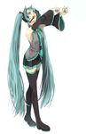  aqua_eyes aqua_hair arms_up bad_id bad_pixiv_id boots detached_sleeves hatsune_miku headset highres long_hair looking_up necktie open_mouth skirt sofy solo thigh_boots thighhighs twintails very_long_hair vocaloid 