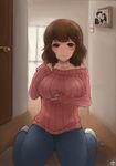  bare_shoulders breast_hold breasts brown_eyes brown_hair denim jeans large_breasts long_hair looking_at_viewer original pants ribbed_sweater sakushin sitting smile solo sweater wariza 