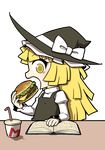  blonde_hair book bow chibi drink drinking_straw eating food hamburger hat hat_bow kirisame_marisa long_hair long_sleeves open_book profile puffy_sleeves reading solo touhou transparent_background ume_(noraneko) white_bow witch witch_hat yellow_eyes 
