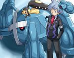  beldum fangs formal gen_3_pokemon hands_in_pockets mawile metagross pokemoa pokemon pokemon_(creature) red_eyes silver_eyes silver_hair smile standing suit tsuwabuki_daigo vest 