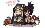  aeon_(skullgirls) arcade_stick black_hair black_legwear cerebella_(skullgirls) character_doll chibi closed_eyes controller folded_ponytail food game_controller garter_straps glasses goddess hood jazzy joystick leviathan_(skullgirls) long_hair ms._fortune_(skullgirls) multiple_girls parasoul_(skullgirls) pink_hair playing_games popcorn scarf semi-rimless_eyewear siblings sisters skullgirls squigly_(skullgirls) thank_you thighhighs twintails venus_(skullgirls) vice-versa_(skullgirls) 