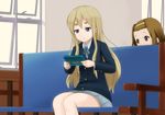  :&lt; blonde_hair blue_eyes brown_eyes brown_hair couch handheld_game_console k-on! kotobuki_tsumugi long_hair multiple_girls nintendo_3ds nintendo_ds peeking sakuragaoka_high_school_uniform school_uniform shizupu short_hair tainaka_ritsu 