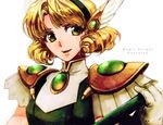  1girl armor blonde_hair copyright_name green_eyes hairband hououji_fuu magic_knight_rayearth makoto1009 pauldrons short_hair solo title_drop white_background 