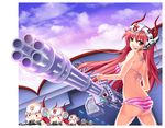  ass bad_id bad_pixiv_id blush breasts brown_eyes closed_mouth cloud eyebrows_visible_through_hair gatling_gun gun highres holding holding_gun holding_weapon horns kofboy large_breasts looking_at_viewer original pixiv_fantasia pixiv_fantasia_new_world red_hair smile weapon 