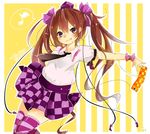  :p bangs blouse bow brown_hair cellphone character_name checkered checkered_skirt eighth_note hair_bow hat highres himekaidou_hatate long_hair musical_note necktie phone purple_eyes skirt solo speech_bubble spoken_musical_note striped striped_legwear tabane_(yuzu) thighhighs tokin_hat tongue tongue_out touhou twintails wrist_cuffs 
