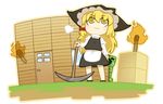  apron bare_legs blonde_hair bow braid creature creeper crossover hair_bow hat house kirisame_marisa light_smile long_hair minecraft pickaxe single_braid skirt standing torch touhou transparent_background ume_(noraneko) witch witch_hat yellow_eyes 