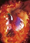  absurdres cape feathers fire hair_ribbon highres long_hair myaaco red_eyes reiuji_utsuho ribbon solo touhou wings 
