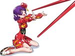  armor busou_shinki chopsticks doll_joints full_body hair_ornament hair_ribbon hairpin half_updo kohiru mecha_musume outstretched_arms purple_eyes purple_hair red_armor ribbon shoes short_hair sinko_(sinsin) sitting smile solo spread_arms wariza white_background 