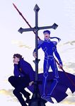  2boys blue_hair brown_hair cassock cloud cross cross_necklace earrings fate/stay_night fate_(series) gae_bolg happy_new_year jewelry kon_manatsu kotomine_kirei lancer long_hair male_focus multiple_boys necklace new_year polearm ponytail red_eyes sky spear weapon 