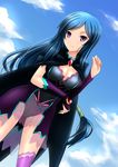  althea althea_(mirage_noir) blue_hair braid cape cloud gem highres magic mirage_noir purple_eyes sky smile tagme thighhighs 