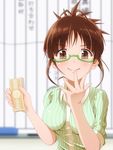  akizuki_ritsuko blush breasts brown_eyes brown_hair folded_ponytail glasses idolmaster idolmaster_(classic) medium_breasts money noukatu smile solo 