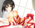  black_hair blush cf-x_(oceanus_com) idolmaster idolmaster_cinderella_girls looking_at_viewer lying on_stomach panties ribbon short_hair side-tie_panties smile solo takafuji_kako underwear yellow_eyes 