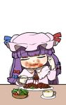  bangs blunt_bangs bow bowl capelet chibi cup dirty eating food food_on_face fork hair_bow hat long_hair long_sleeves messy mug pasta patchouli_knowledge plate purple_hair salad solo spaghetti touhou transparent_background truth ume_(noraneko) 