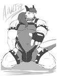  amwulf anthro biceps bondage_gear chubby claws drag_(character) dragon gloves greyscale grin hair horn male monochrome muscles paws pecs pointing suggestive unknown_species 