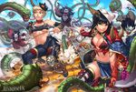  battle black_hair blonde_hair breasts cleavage cutting dcwj fangs green_eyes highres horns knife mask medium_breasts multiple_girls navel oni original rooftop snake sword torn_clothes weapon yellow_eyes 