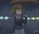  2013 akiyama_yukari artist_name brown_eyes brown_hair dated girls_und_panzer kanokoga looking_at_viewer military military_uniform ooarai_military_uniform rain short_hair signature skirt smile solo umbrella uniform 