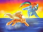  applejack_(mlp) blonde_hair britishstarr cutie_mark duo equine female feral flying friendship_is_magic hair happy horse mammal multi-colored_hair my_little_pony pegasus pony purple_eyes rainbow_dash_(mlp) rainbow_hair smile splash stars sun sunset water wings 