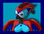  beak bird blue_background blue_eyes bust chiorro female musical_note naturally_censored necklace plain_background solo wings 