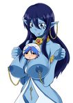  1boy 1girl aladdin_(magi) areolae armlet between_breasts blue_eyes blue_hair blue_skin blush breasts earrings female jewelry large_breasts long_hair lots_of_jewelry magi_the_labyrinth_of_magic nipple_piercing nipples paimon piercing pointy_ears topless turban 