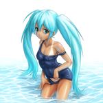  aqua_eyes aqua_hair breasts colorized covered_nipples hatsune_miku highres long_hair medium_breasts one-piece_swimsuit school_swimsuit school_swimsuit_flap shiny shiny_clothes solo spraywork strap_slip swimsuit tan tanline twintails very_long_hair vocaloid wading water 