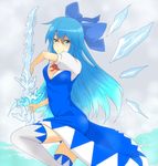  alternate_hair_length alternate_hairstyle blue_dress blue_eyes blue_hair blue_sky bow breasts cirno cleavage cloud crystal_sword dress hair_bow i_b_b_e ice long_hair looking_at_viewer medium_breasts older puffy_short_sleeves puffy_sleeves ribbon short_sleeves sky smile solo sword thighhighs touhou weapon wings 
