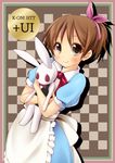  aruha brown_eyes brown_hair bunny dress hirasawa_ui k-on! ponytail short_hair stuffed_animal stuffed_bunny stuffed_toy 