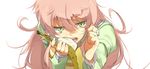  bad_id bad_pixiv_id banana eyebrows food fruit green_eyes jinrui_wa_suitai_shimashita long_hair messy_hair nishimuku_meri open_mouth pink_hair sexually_suggestive simple_background solo watashi_(jintai) 