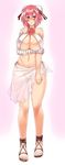  bandages bare_legs bare_shoulders bikini blush breast_hold breasts bun_cover double_bun feet highres ibaraki_kasen large_breasts looking_at_viewer pink_hair red_eyes sandals sarong short_hair side-tie_bikini simple_background solo sorono standing swimsuit touhou translucent_sarong white_sarong 