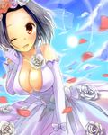  ;d breasts brown_eyes cleavage dress elbow_gloves flower gloves idolmaster idolmaster_(classic) large_breasts miura_azusa okemai one_eye_closed open_mouth petals rose short_hair smile solo veil wedding_dress 
