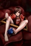  absurdres barefoot blue_flower blue_rose brooch brown_hair feet flower highres ib jewelry lady_in_red_(ib) long_hair picture_frame pointing red_eyes rose smile stvfu 