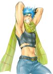  ^_^ abs arms_behind_head blue_hair closed_eyes crop_top fingerless_gloves gloves jojo_no_kimyou_na_bouken joseph_joestar_(young) kurenai_karasu male_focus midriff scarf solo 