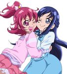  ;d ;t aida_mana blue_eyes blue_hair blush bow cheek-to-cheek dokidoki!_precure dress eyelashes flipped_hair half_updo hishikawa_rikka hug long_hair multiple_girls one_eye_closed open_mouth pink_bow pink_eyes pink_hair precure shirt short_hair sinko_(sinsin) skirt smile striped striped_shirt white_background 