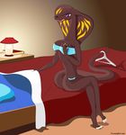  bed bedroom breasts claws cobra crossed_legs female graceful looking_at_viewer purple_eyes reptile scalie sitting smile snake solo swimsuit table tunaforces wiira 