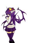  belt blush closed_eyes extra_mouth filia_(skullgirls) from_behind hair_kiss kiss prehensile_hair purple_hair purple_legwear samson_(skullgirls) school_uniform skirt skullgirls solo surprise_kiss surprised ten_(prop03) thighhighs yellow_eyes zettai_ryouiki 