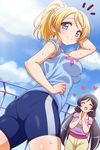 :d ^_^ ass ayase_eli bike_shorts black_hair blonde_hair blue_eyes breasts closed_eyes cloud day hair_ornament hairclip heart impossible_clothes impossible_shirt kuga_yoshito long_hair love_live! love_live!_school_idol_project medium_breasts multiple_girls off_shoulder open_mouth pantylines ponytail scrunchie shirt smile sweat t-shirt toujou_nozomi twisted_torso white_scrunchie 