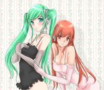  bad_id bad_pixiv_id breasts cleavage elbow_gloves gloves green_eyes green_hair hatsune_miku headphones long_hair medium_breasts megurine_luka multiple_girls rav_(ravetx) red_eyes red_hair twintails very_long_hair vocaloid 