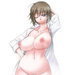  1girl areolae blue_eyes bottomless breasts brown_hair female huge_breasts labcoat lowres mound_of_venus navel nipples no_bra no_panties open_clothes original pubic_hair puffy_nipples samsara_(ring) short_hair simple_background solo standing white_background white_coat wink 