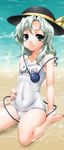  beach blush bow byeontae_jagga covered_navel green_eyes green_hair hat highres komeiji_koishi looking_at_viewer name_tag ocean one-piece_swimsuit school_swimsuit shiny shiny_clothes sitting skindentation smile solo swimsuit third_eye touhou wariza water white_school_swimsuit white_swimsuit 