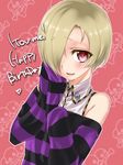  birthday blonde_hair blush character_name hair_over_one_eye happy_birthday heart highres idolmaster idolmaster_cinderella_girls kantaka long_sleeves red_eyes shirasaka_koume short_hair sleeves_past_fingers sleeves_past_wrists smile solo 