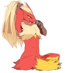  ?????????????? ambiguous_gender avian bird blaziken claws hair hair_band i-ayuka long_hair male navel nintendo nude plain_background pok&#233;mon pok&eacute;mon sitting solo video_games 