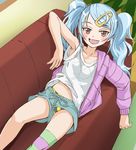  :d armpits blue_hair blush boku_no_imouto_wa_osaka_okan brown_eyes couch diagonal_stripes fang hair_ornament hairclip haruyama_kazunori ishihara_namika lying open_mouth panties plant shorts_aside slovenly smile striped sweater thighhighs twintails underwear 