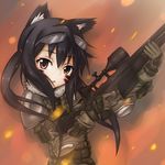  black_hair brown_eyes facepaint gloves goggles goggles_on_head gun highres k-on! long_hair nakano_azusa rifle roro_rosset scope sniper_rifle twintails weapon 