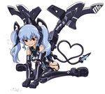  :3 armor black_armor black_legwear blue_hair boots breasts busou_shinki doll_joints full_body gloves heart heart_tail long_hair mecha_musume medium_breasts red_eyes saliva sinko_(sinsin) sitting smile solo tail thigh_boots thighhighs twintails underboob valona wariza white_background 