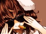  adjusting_eyewear animal_ears brown_background brown_hair bunny_ears carrot close-up dutch_angle highres inaba_tewi jewelry looking_at_viewer looking_over_eyewear mister_rhino_(wangzisama1001) pendant red_eyes smile solo sunglasses touhou 