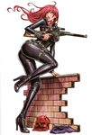  1girl absurdres ass black_widow black_widow_(marvel) boots brick_wall full_body green_eyes gun high_heels highres long_hair looking_back marvel mask natasha_romanoff red_hair rifle shoes simple_background skin_tight sniper_rifle solo vss_vintorez weapon yamashita_shun&#039;ya yamashita_shun'ya 