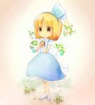  alice_margatroid alice_margatroid_(pc-98) apple berries blonde_hair book book_hug bow dandelion dress flower food frown fruit gradient gradient_background grass hair_ribbon hexagram high_heels holding holding_book looking_at_viewer petticoat puffy_short_sleeves puffy_sleeves ribbon serra_(serarine) shoes short_hair short_sleeves solo touhou touhou_(pc-98) yellow_eyes 
