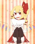  black_legwear blonde_hair bloomers bow fang flandre_scarlet hair_bow monako_(uma_speech) open_mouth pillow pillow_hug red_eyes side_ponytail sitting smile solo sparkle striped striped_background thighhighs touhou underwear vertical-striped_background vertical_stripes wings 