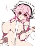  bandages breasts cleavage headphones huge_breasts long_hair looking_at_viewer navel nitroplus pink_hair red_eyes simple_background smile solo super_sonico takatsuki_ichi white_background 