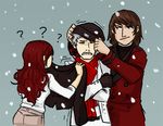  2boys ? aragaki_shinjirou banned_artist brown_hair cold dani_grew gloves grey_hair kirijou_mitsuru long_hair multiple_boys persona persona_3 red_hair sanada_akihiko scarf snowing 